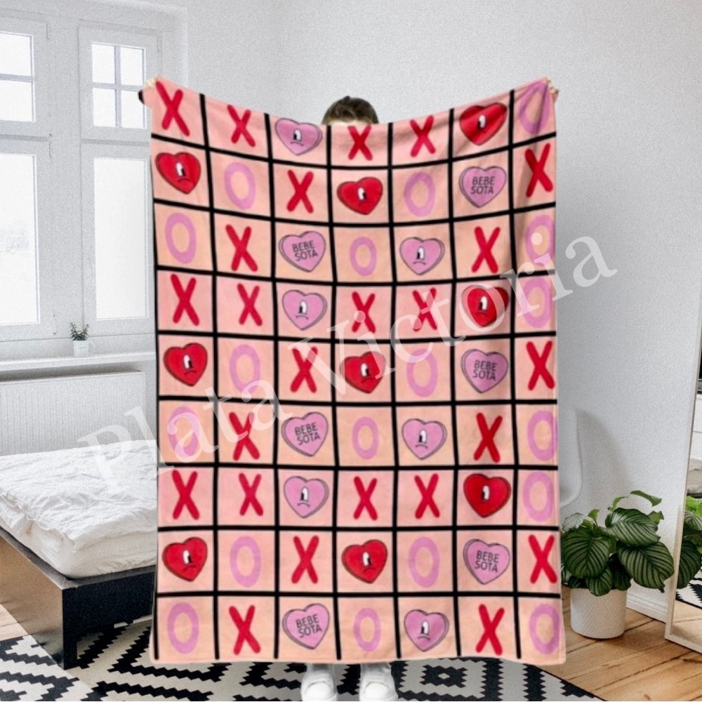 Valentines Bad Bunny Hearts Blanket/Valentines Day Blanket/Tic-Tac-Toe/Gifts